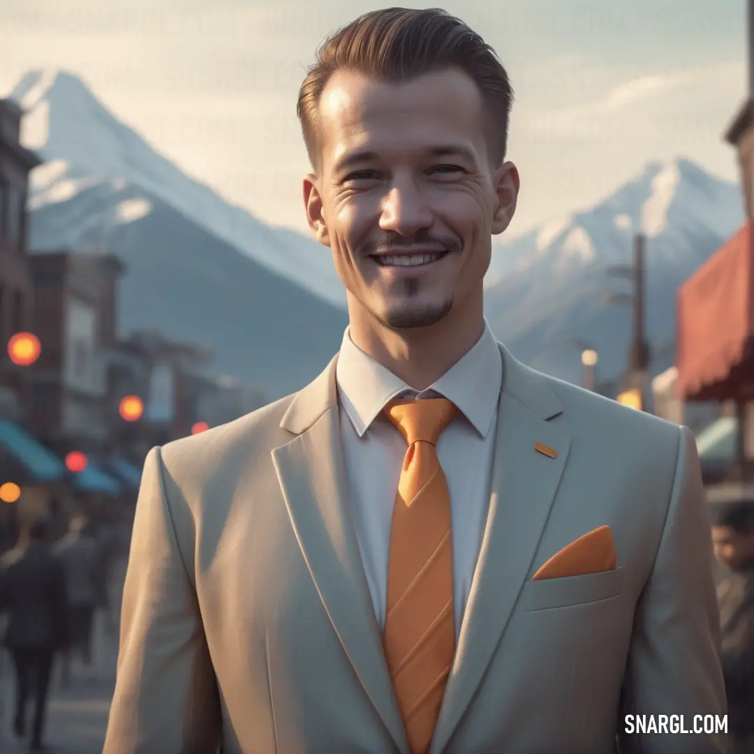 Man in a suit and tie smiling for the camera in a city street with mountains in the background. Example of #B3A081 color.