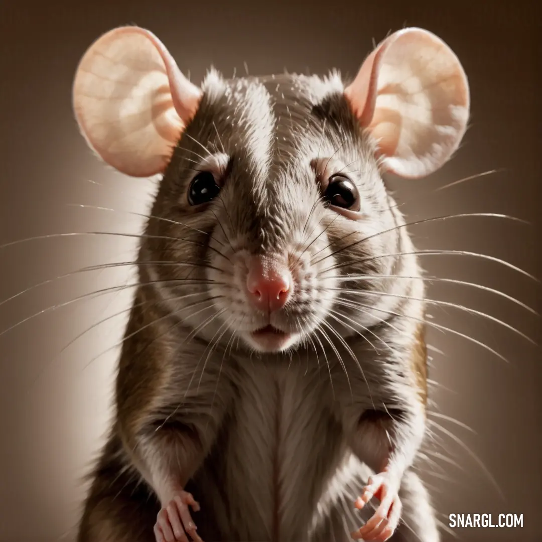 Rat with a big ears and a big nose is standing up and looking at the camera with a serious look on its face. Example of RGB 179,160,129 color.