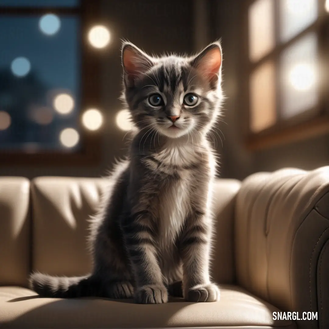 Small kitten on a couch in a room with lights on the wall behind it and a window. Color NCS S 3010-Y30R.