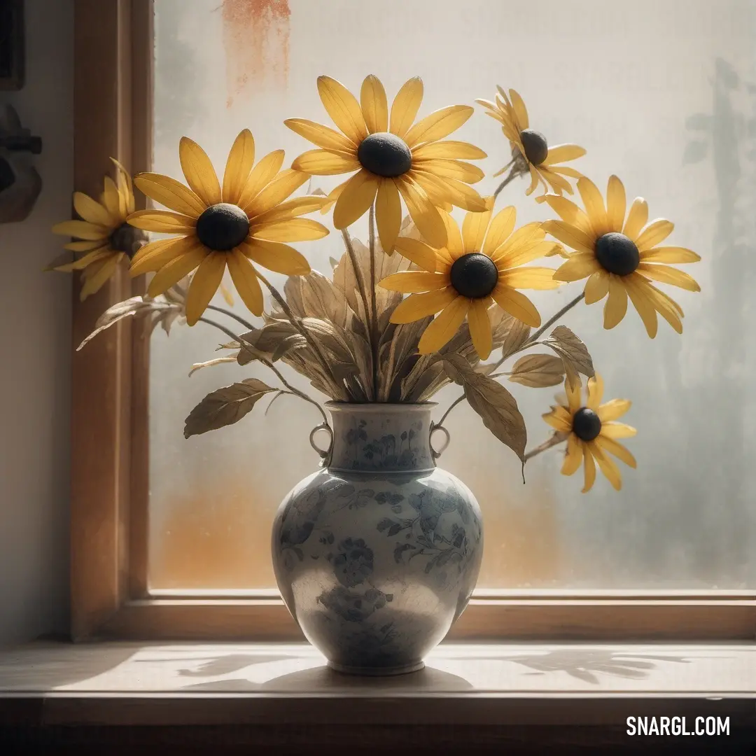 Vase with yellow flowers in it on a window sill next to a window sill with a window. Example of RGB 184,161,131 color.