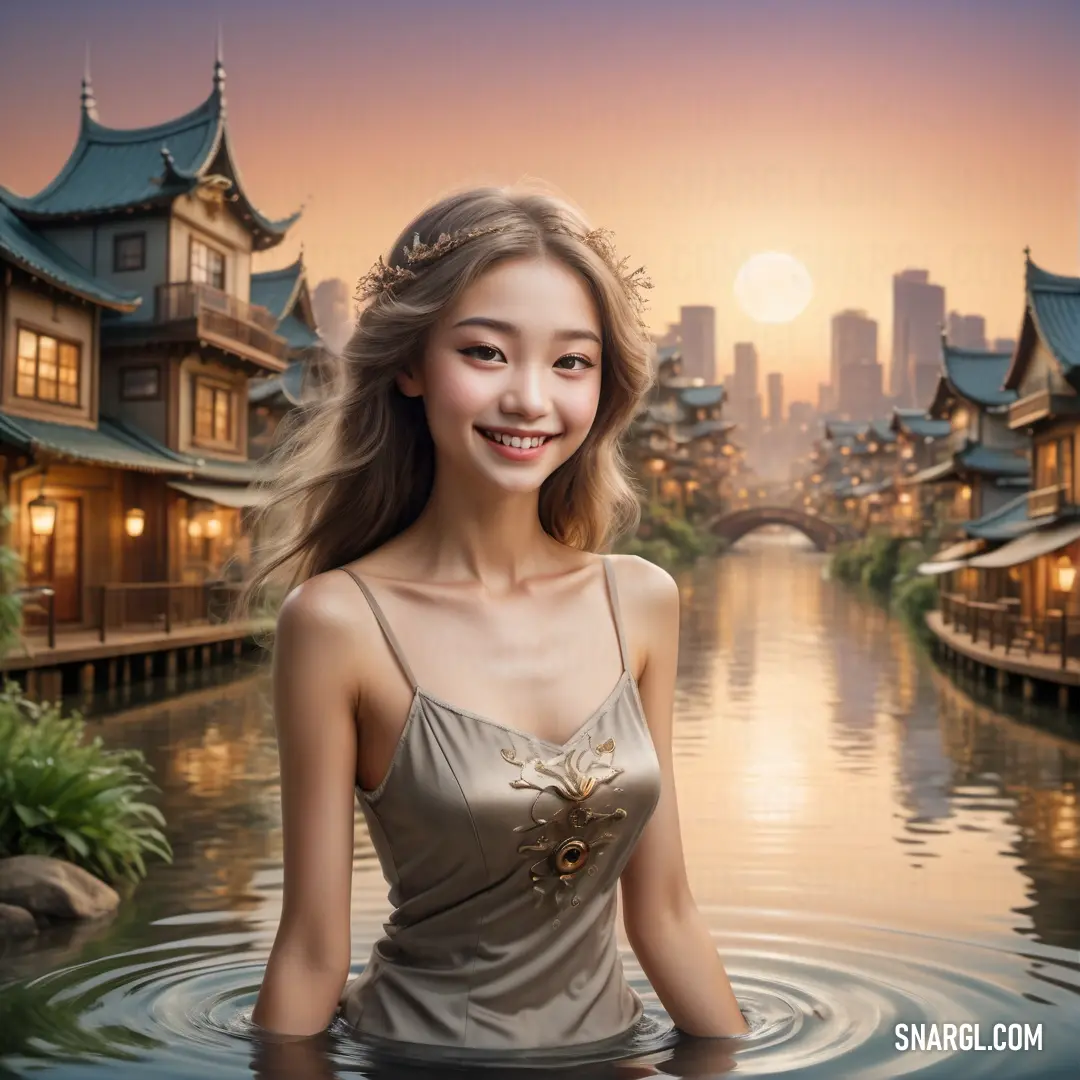 Woman in a body of water with buildings in the background. Color RGB 184,161,131.
