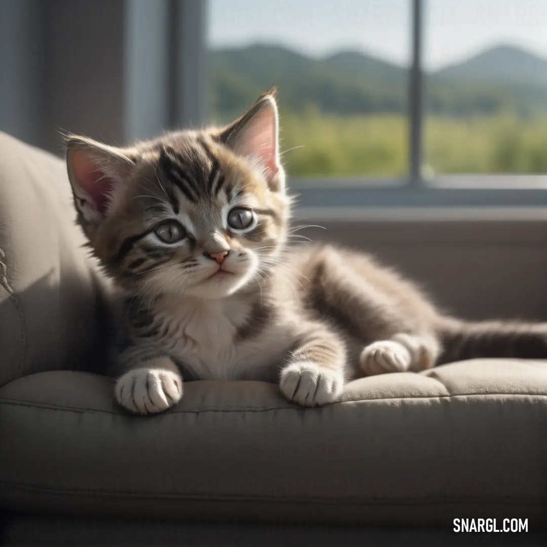 Kitten on a couch looking out a window with mountains in the background. Example of NCS S 3010-Y70R color.