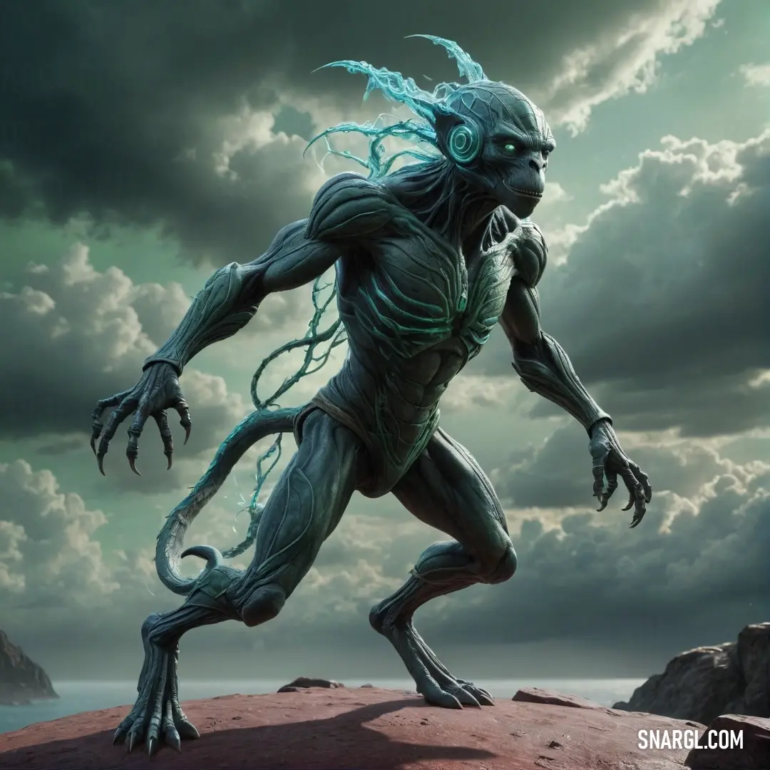 A fantastical creature with vibrant, flowing hair and luminous eyes sits atop a rocky outcrop, gazing out over the turbulent ocean waves, while the skies swirl with ominous clouds that suggest an impending storm.