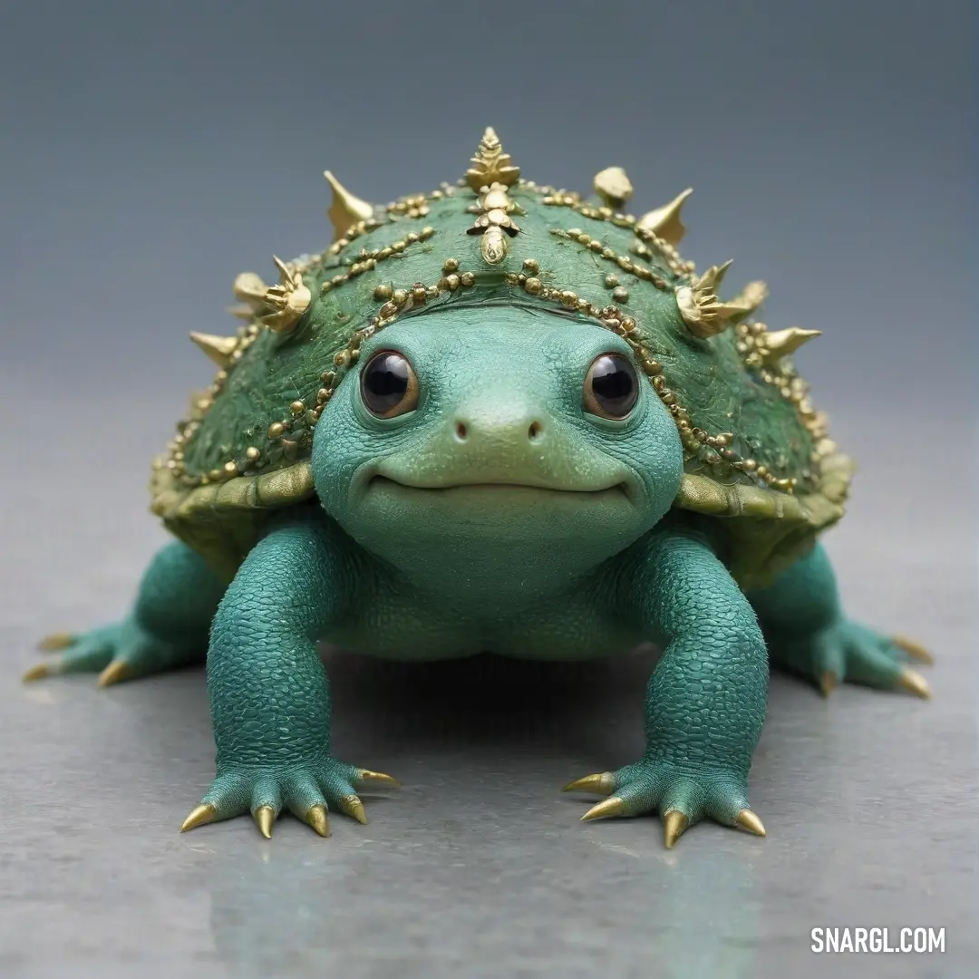 A vibrant green frog, artistically poised with a regal crown upon its head, gracefully resting on a table. The contrasting gray background emphasizes its spirited demeanor, bringing the amphibious royalty to life.