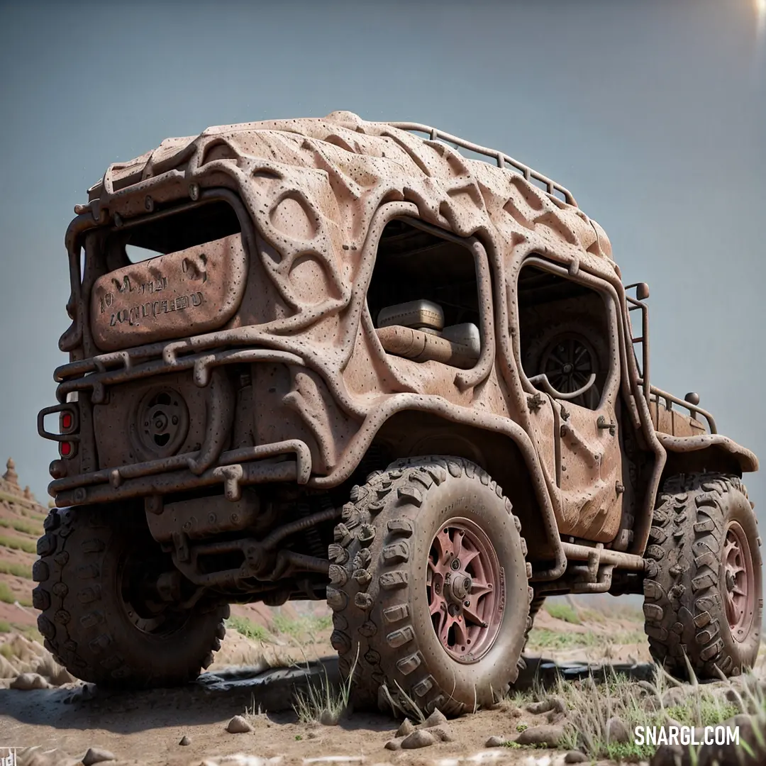 Large, rusty, off - road vehicle sits in the desert, with a sky background. Color NCS S 3010-Y80R.