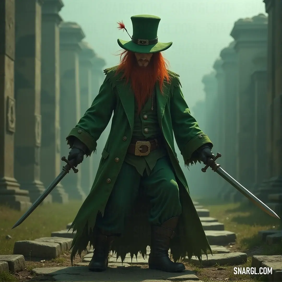 A mysterious man in a striking green coat and hat, confidently wielding two swords. His expression tells tales of bravery and adventure, set against a dramatic backdrop that adds intrigue to his character.