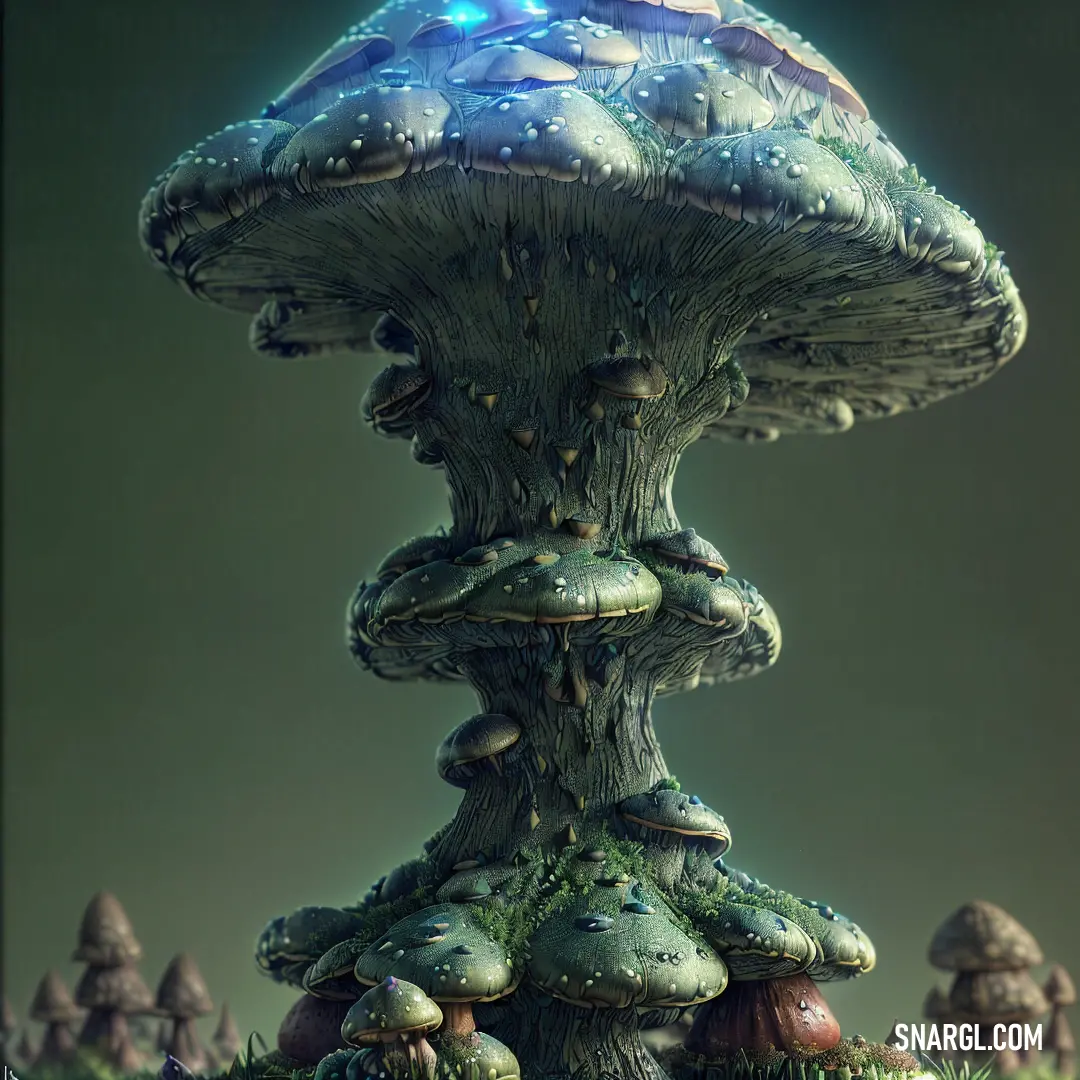 A mystical mushroom-like structure towers with light illuminating its cap, surrounded by a forest of smaller mushrooms. The light contrasts against the earth tones, creating a serene, magical atmosphere.