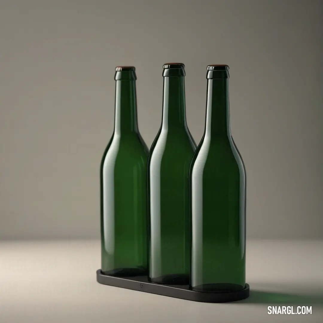 Three elegant green bottles arranged neatly on a stylish black stand atop a table. Their deep hues and varying shapes create a harmonious display, blending practicality with decorative flair for any setting.