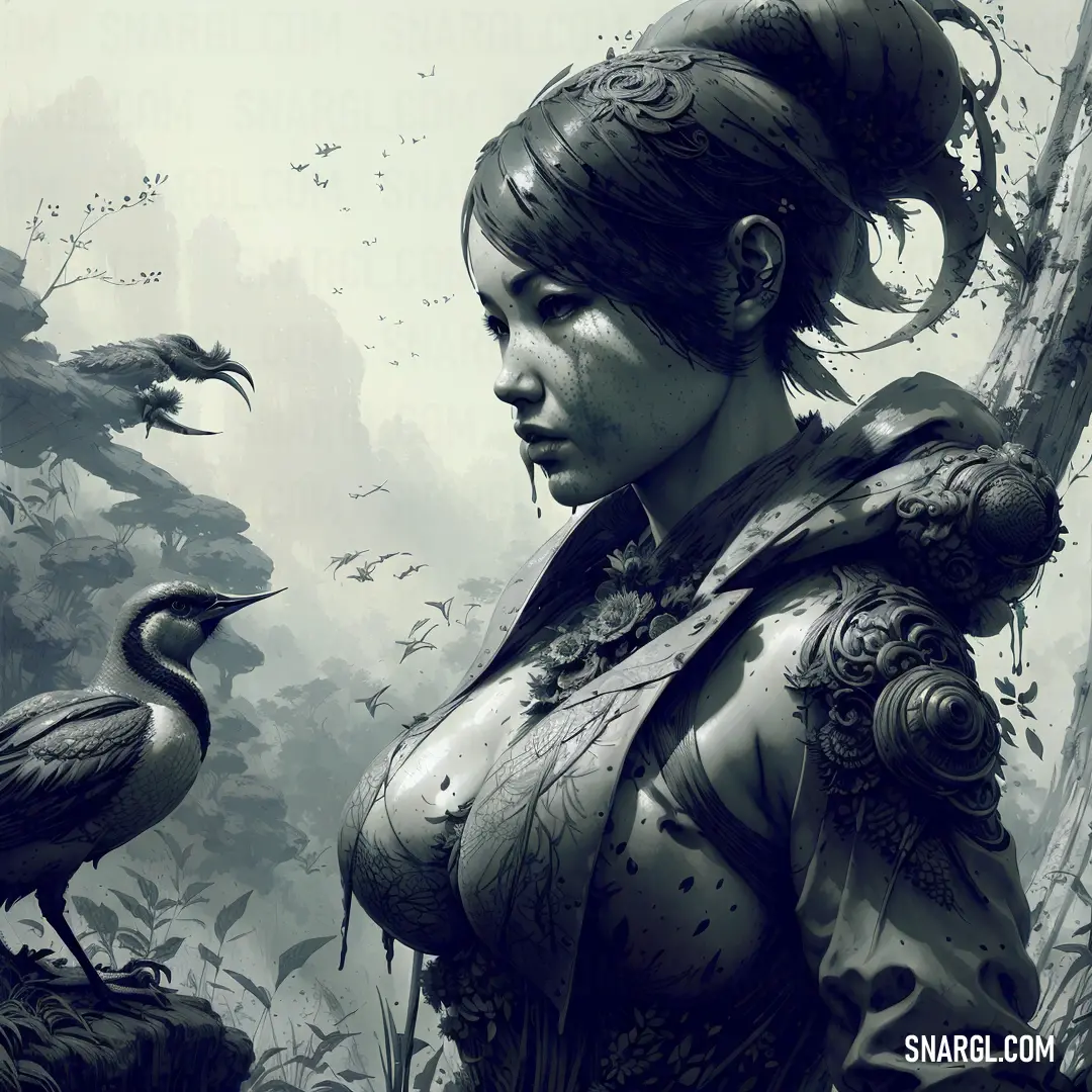 A woman stands amidst a serene forest, a bird resting on her shoulder while others take flight around her. The peaceful scene conveys harmony between nature and the spirit.