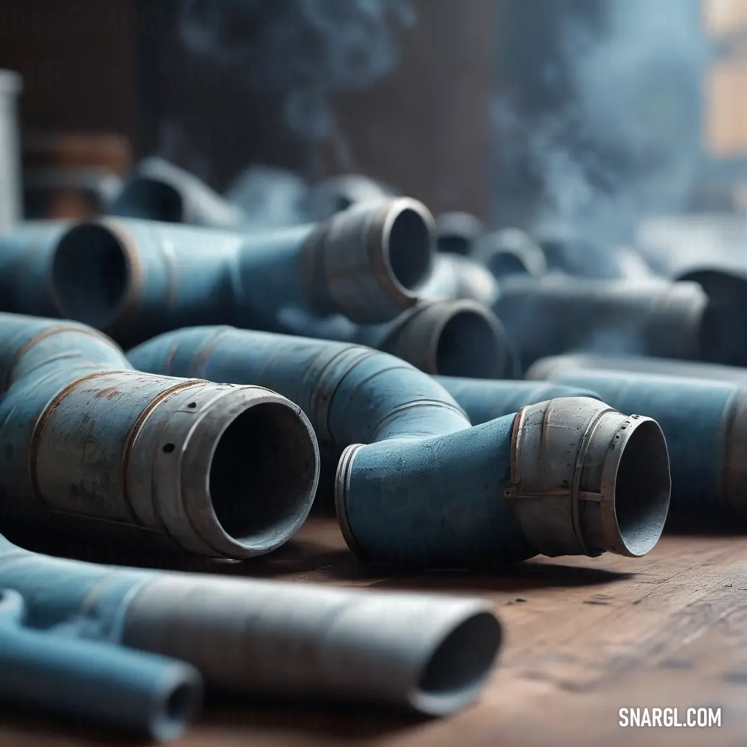 Bunch of pipes on a table together on a table top with smoke coming out of them. Example of RGB 108,144,160 color.