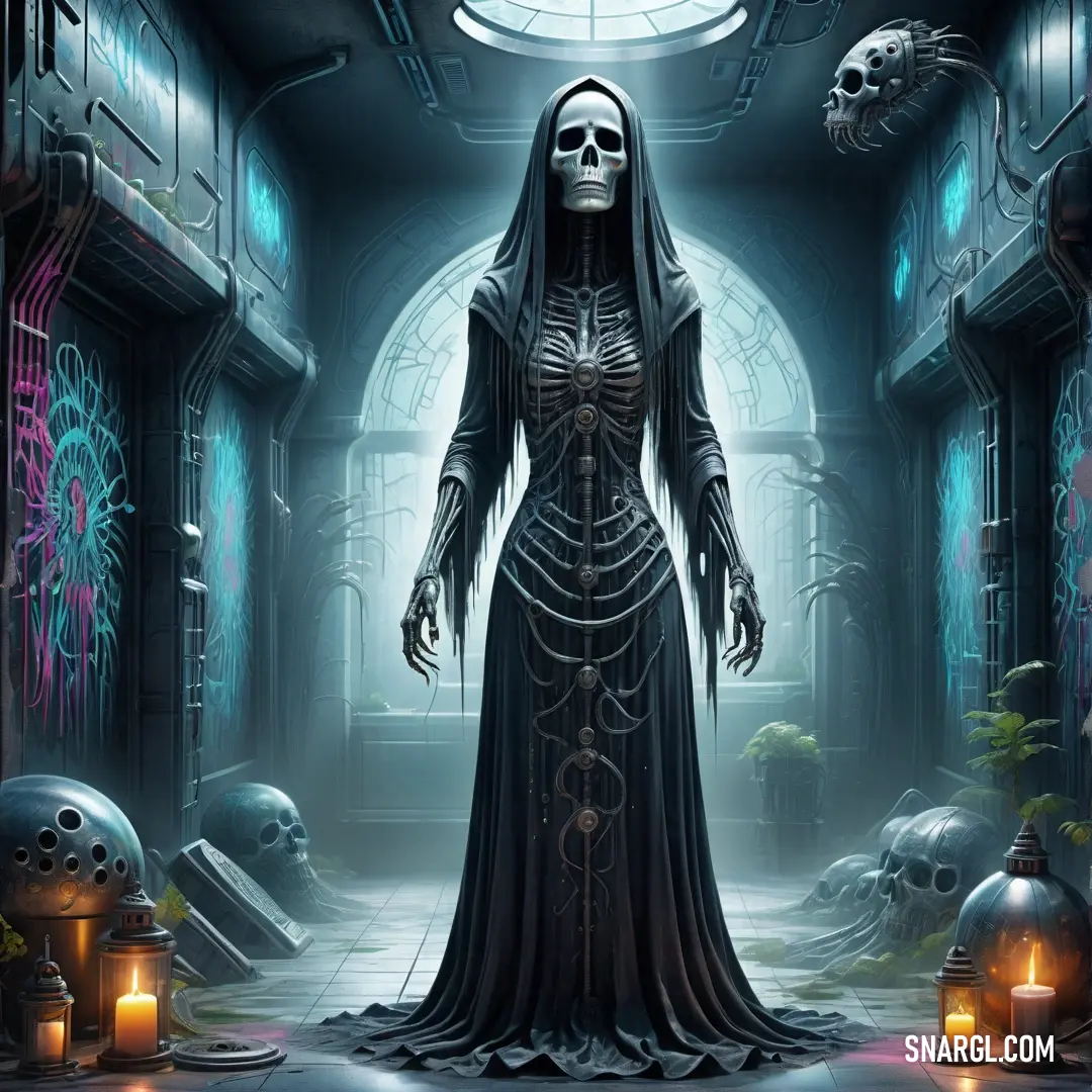 NCS S 3020-B color example: Skeleton dressed in a black dress standing in a dark hallway with candles and skulls around it and a window