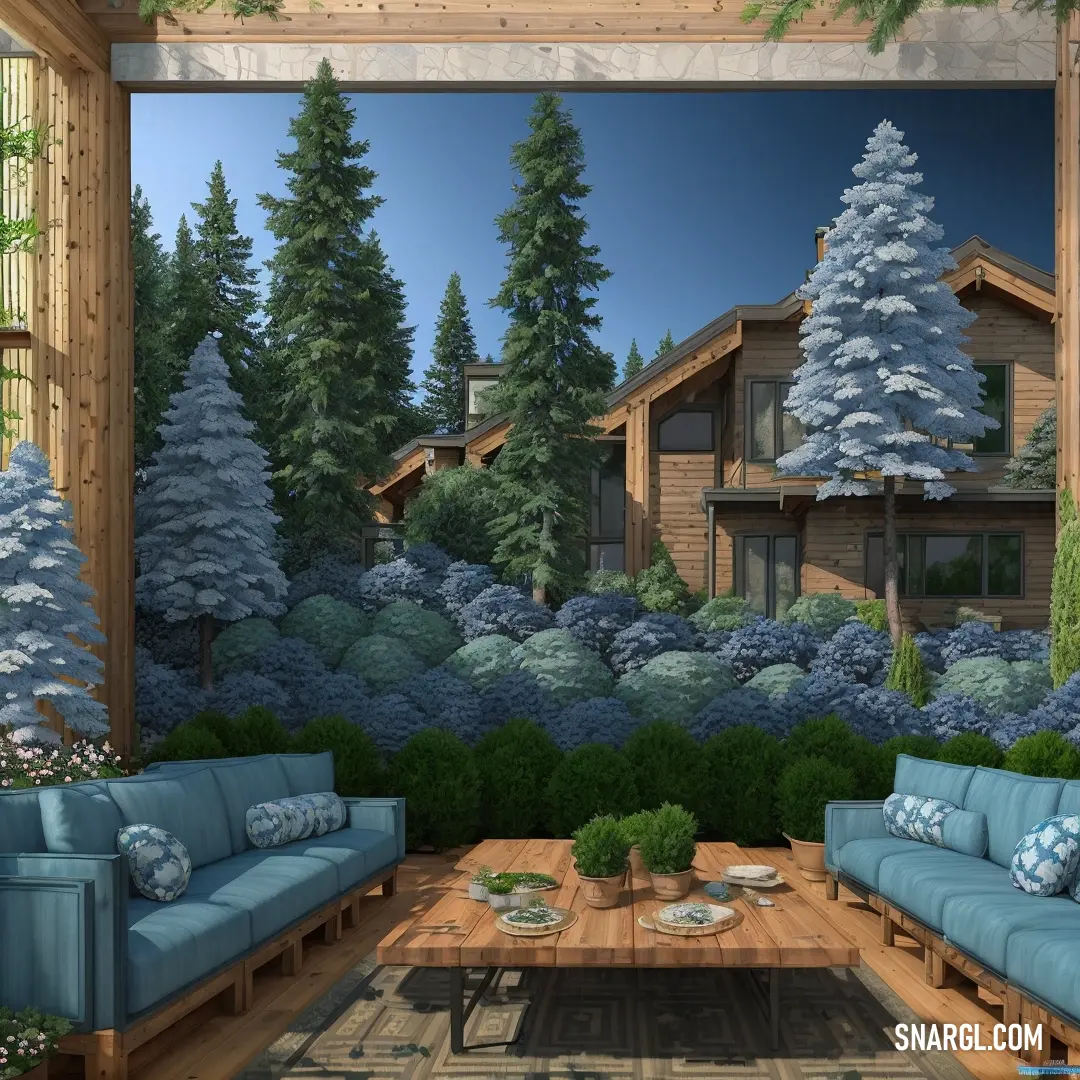 Living room with a couch and a table in it with a painting of a forest behind it. Example of NCS S 3020-B40G color.