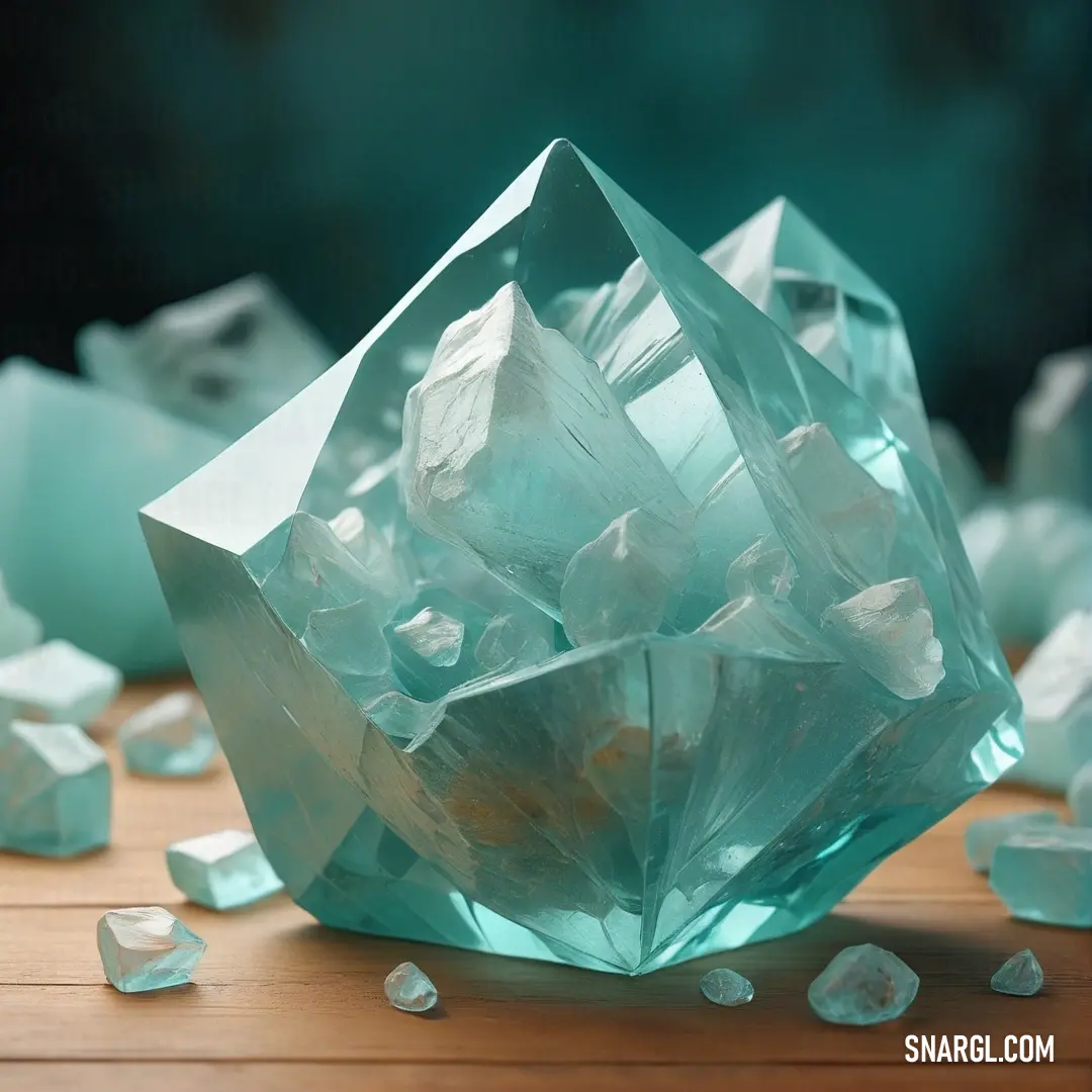 Large crystal object on top of a wooden table next to small rocks and stones on the ground. Color #75A591.