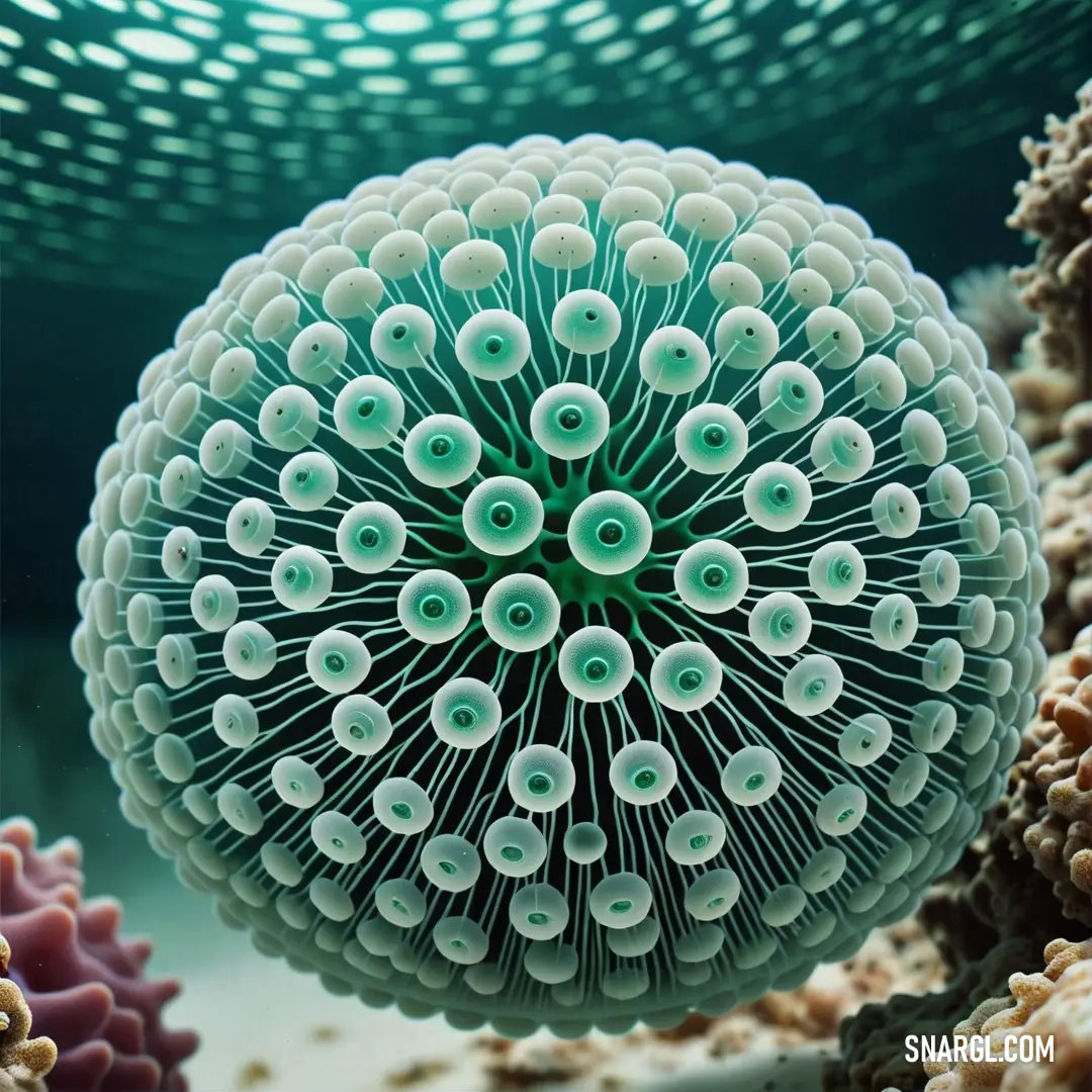 Large white sea urchin in the ocean water with other sea animals around it. Example of CMYK 41,0,40,30 color.