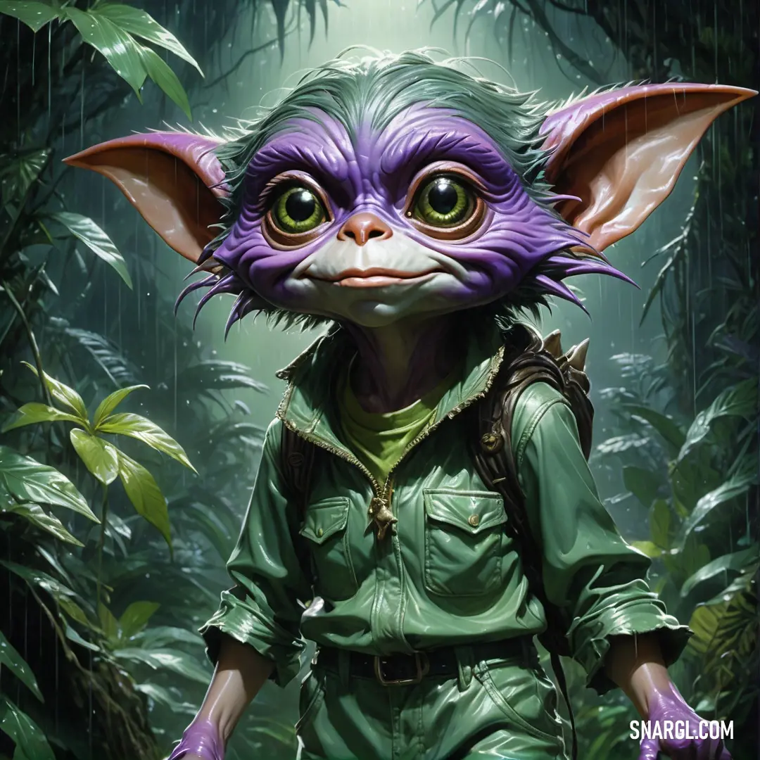 Painting of a creature with green eyes and a green shirt on, in the jungle,. Color NCS S 3020-G.