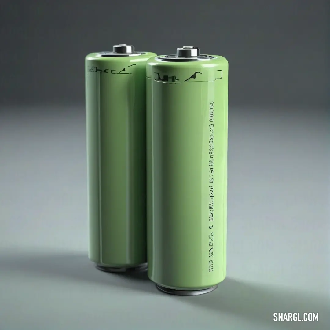 Two batteries are shown in a studio setting with a gray background. Example of NCS S 3020-G10Y color.