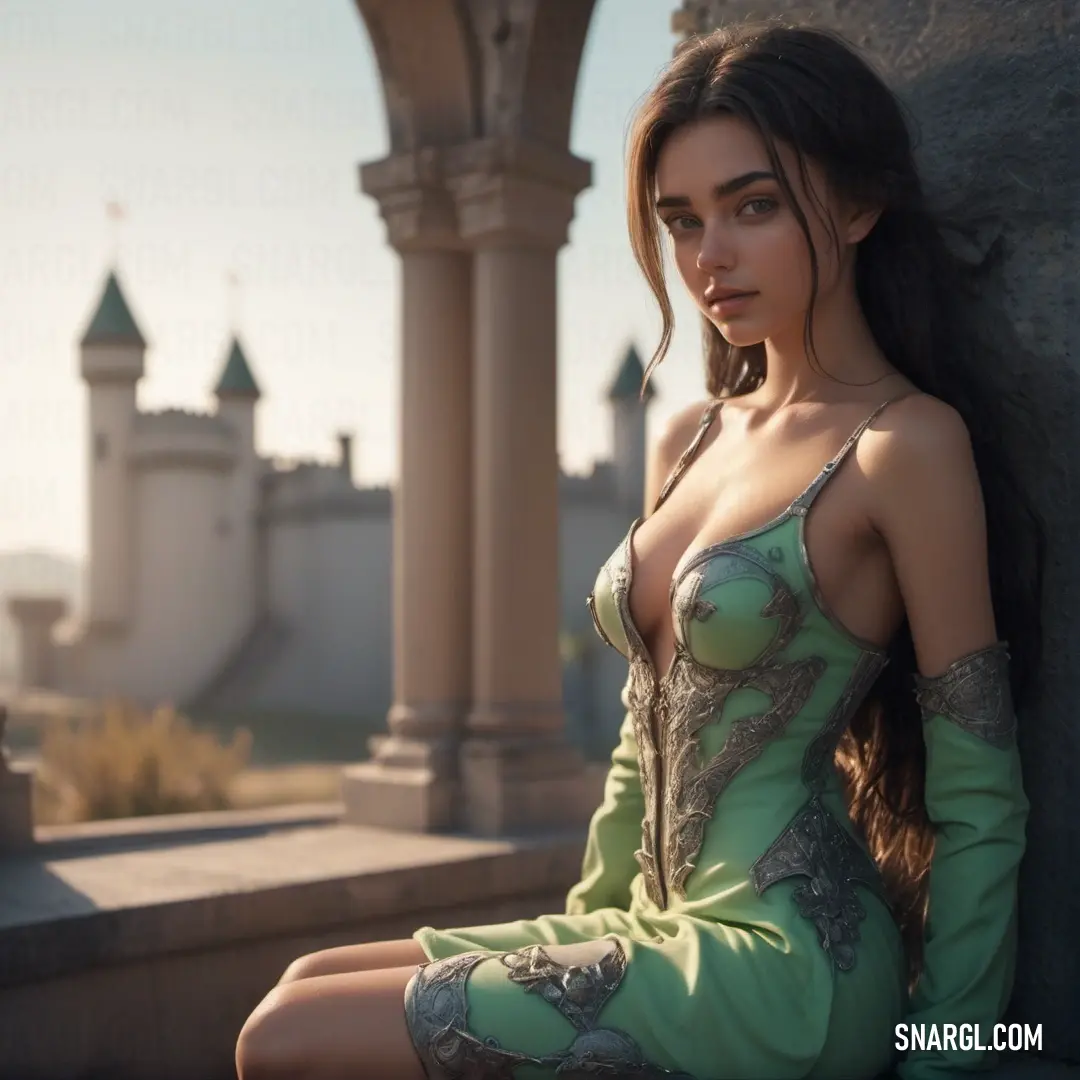 Woman in a green dress on a ledge next to a castle wall and a stone wall with a clock tower in the background. Color #79A580.