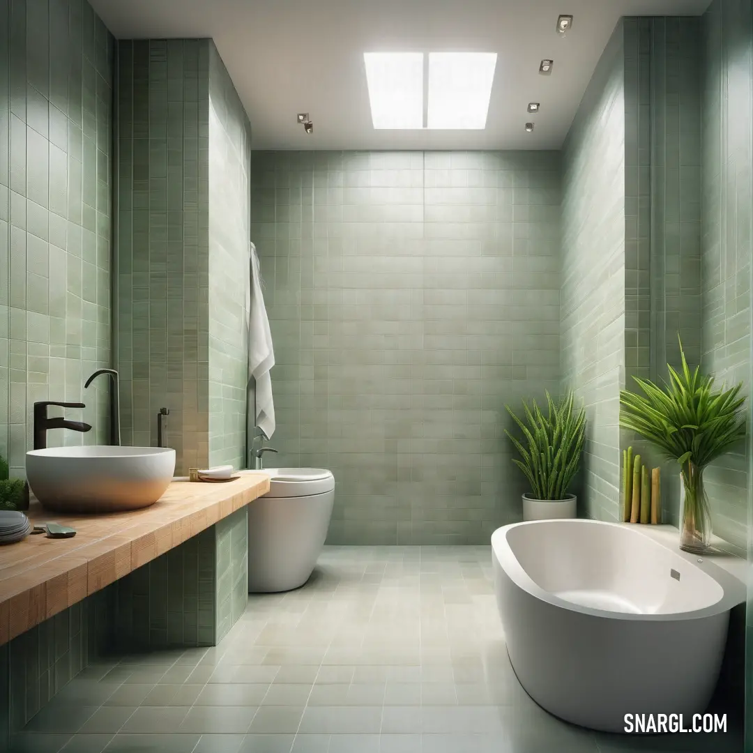 Bathroom with a large tub and a sink and a toilet and a mirror on the wall and a plant in the corner. Color #85A77D.