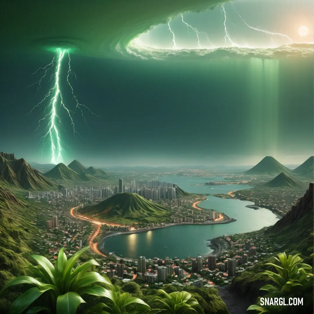 Painting of a city with a lightning bolt above it and a lake below it. Color #85A77D.