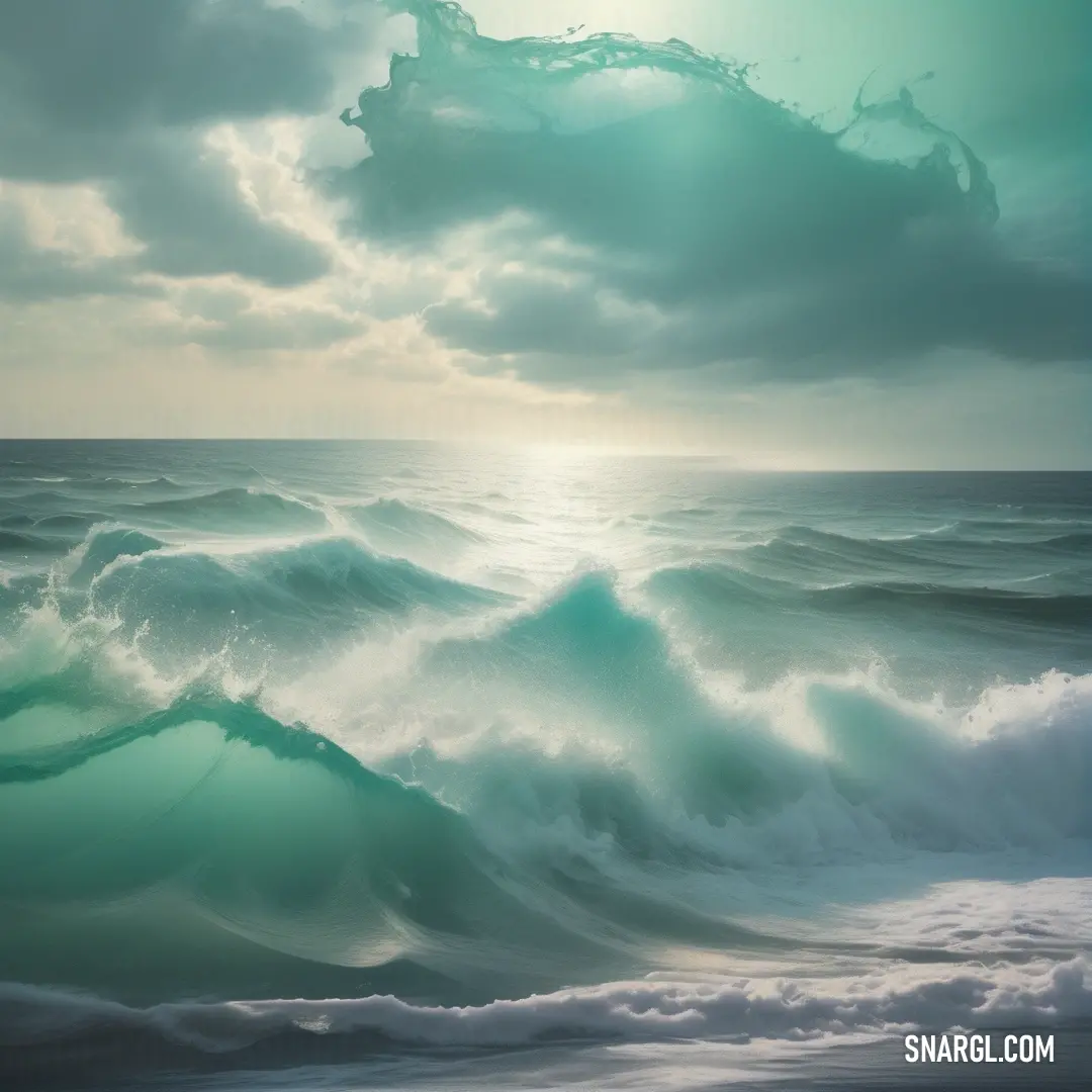 Painting of a wave in the ocean with a sky background. Color RGB 133,167,125.