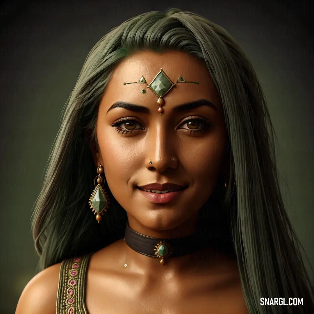 NCS S 3020-G20Y color. Woman with green hair and a green head piece with jewels on her head and a green necklace with a diamond