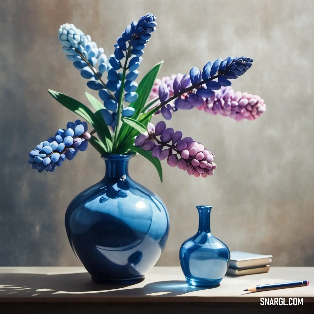 Blue vase with purple flowers and a book on a table next to it and a pencil in the foreground. Color CMYK 0,40,17,35.