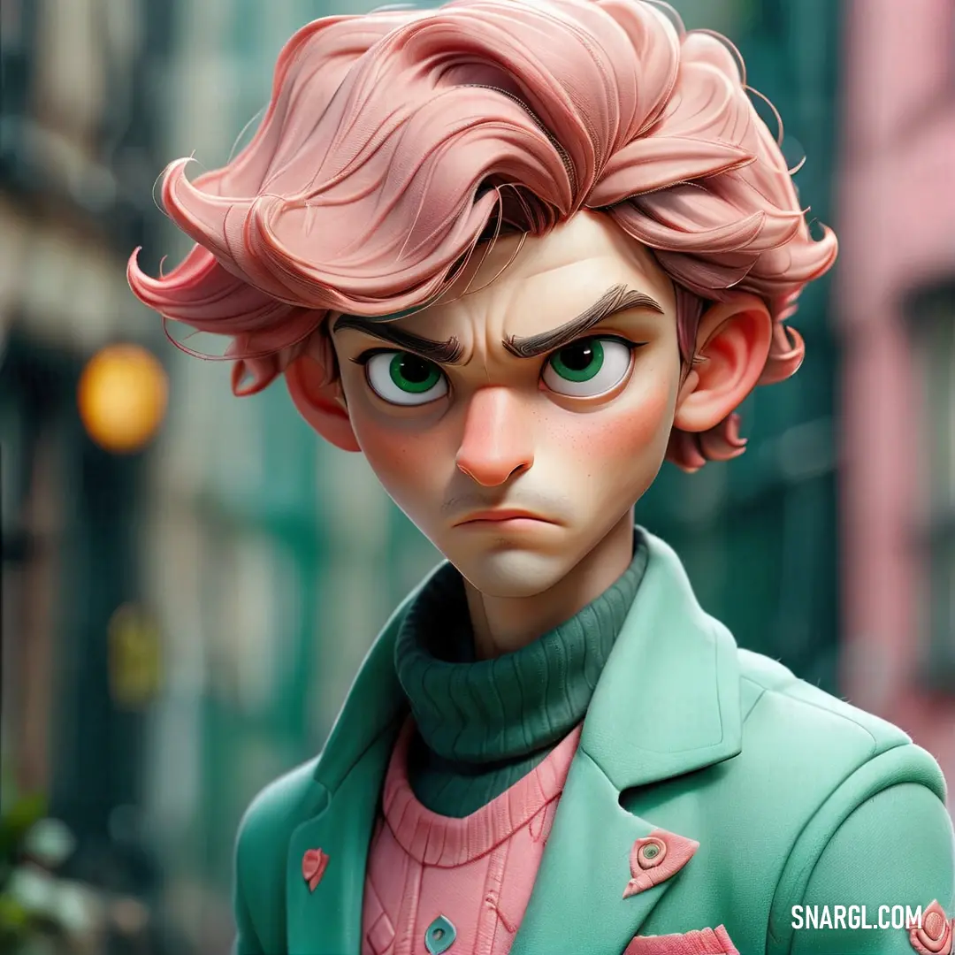 Cartoon character with pink hair and green eyes wearing a green coat and pink sweater and pink sweater and green jacket