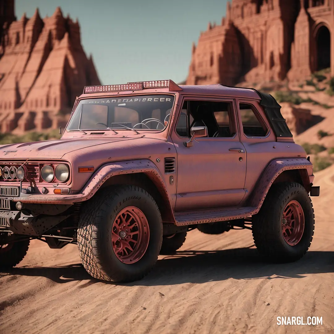 Pink jeep is driving through the desert with mountains in the background. Example of #A77A81 color.