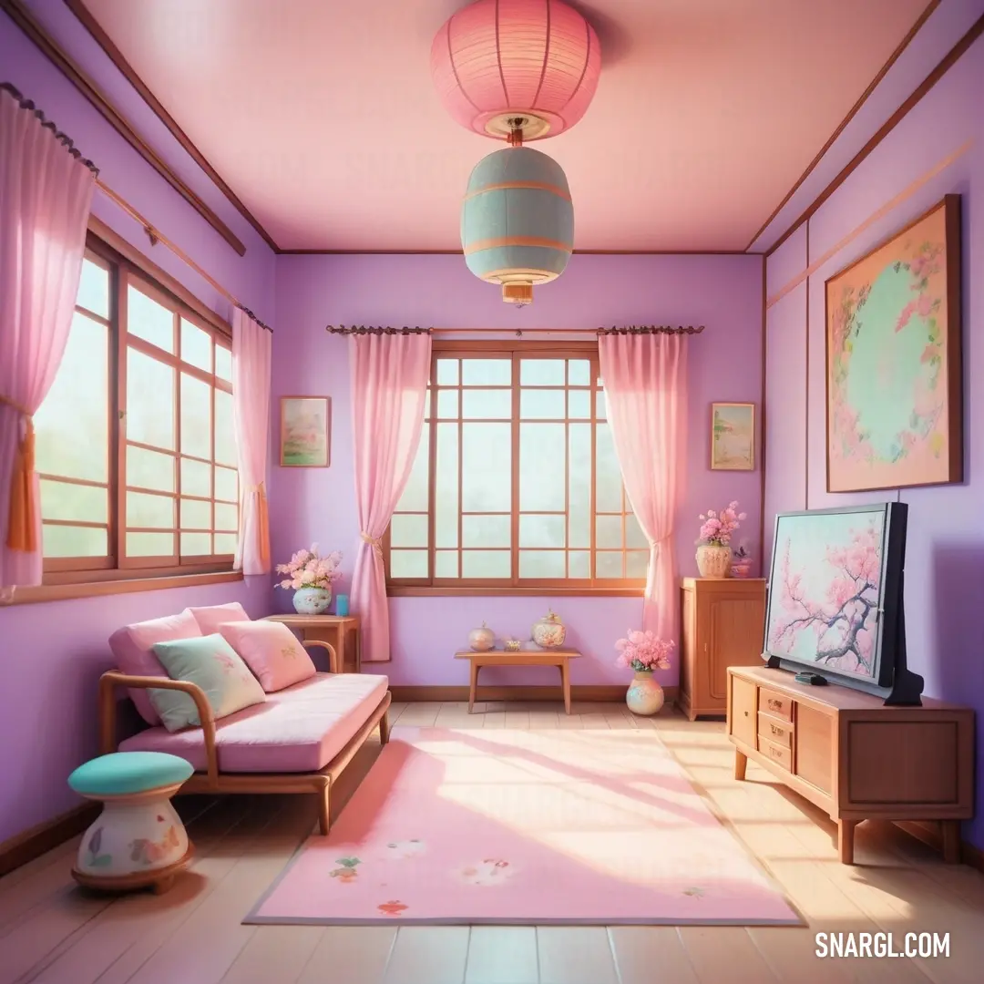 Room with a pink couch and a pink rug and a pink rug on the floor and a pink rug on the floor. Example of CMYK 0,40,17,35 color.