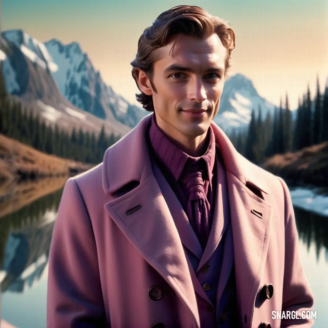 Man in a pink coat and a mountain lake in the background. Color CMYK 0,40,10,40.