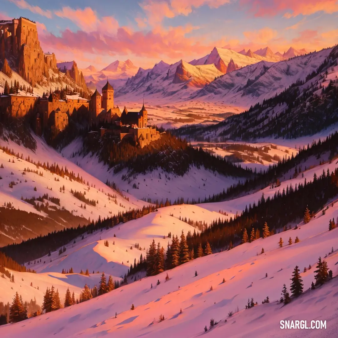 Painting of a castle in the mountains at sunset with snow on the ground and trees in the foreground. Color RGB 155,115,127.