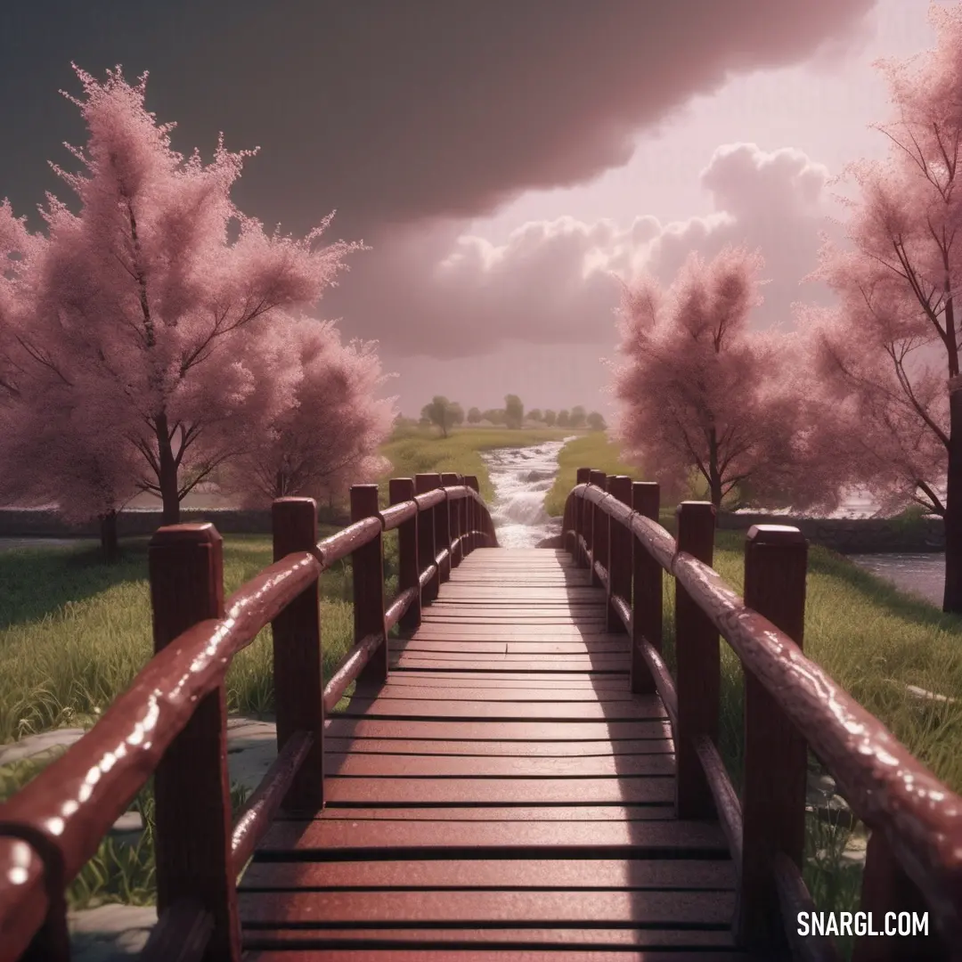 Wooden bridge with a path leading to a grassy field and a river in the distance with pink trees. Example of #9B737F color.