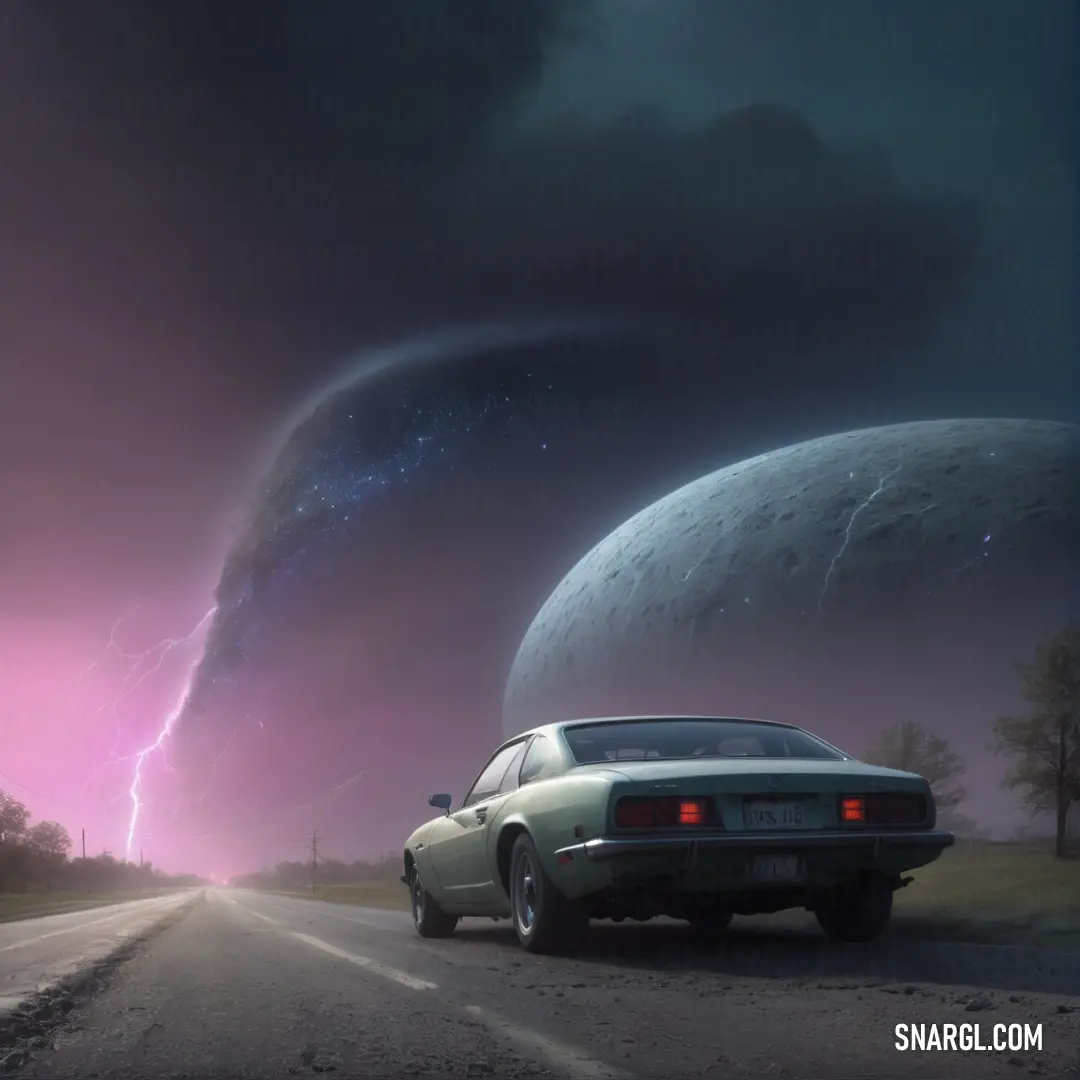 Car is parked on a road near a large object in the sky with a lightning bolt in the background. Color #9F8AA6.