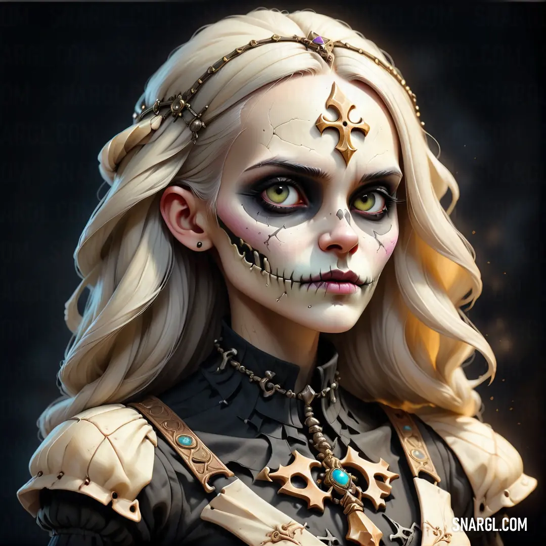 NCS S 3020-Y color. Woman with makeup and a skeleton make up on her face and chest