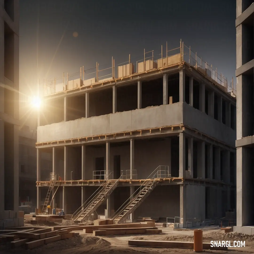 A building in the midst of construction, highlighted by numerous stairs leading up to it, set against a radiant sun illuminating the scene, creating a sense of hope and progress in the architectural journey.