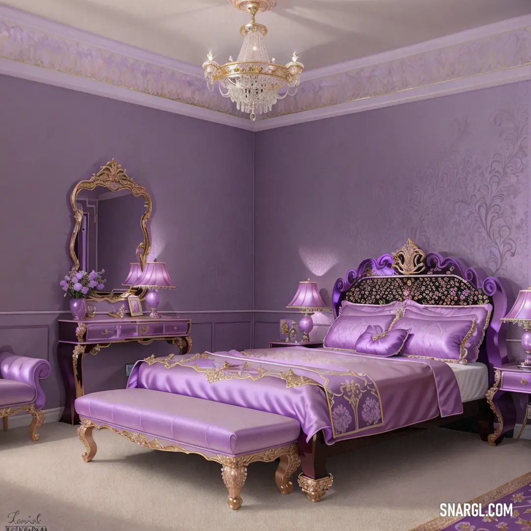 A bedroom in deep purple tones features a large bed with matching purple linens, complemented by a chandelier overhead. A purple chair and a table with a mirror add balance, creating a serene and stylish retreat that's perfect for rest and relaxation.