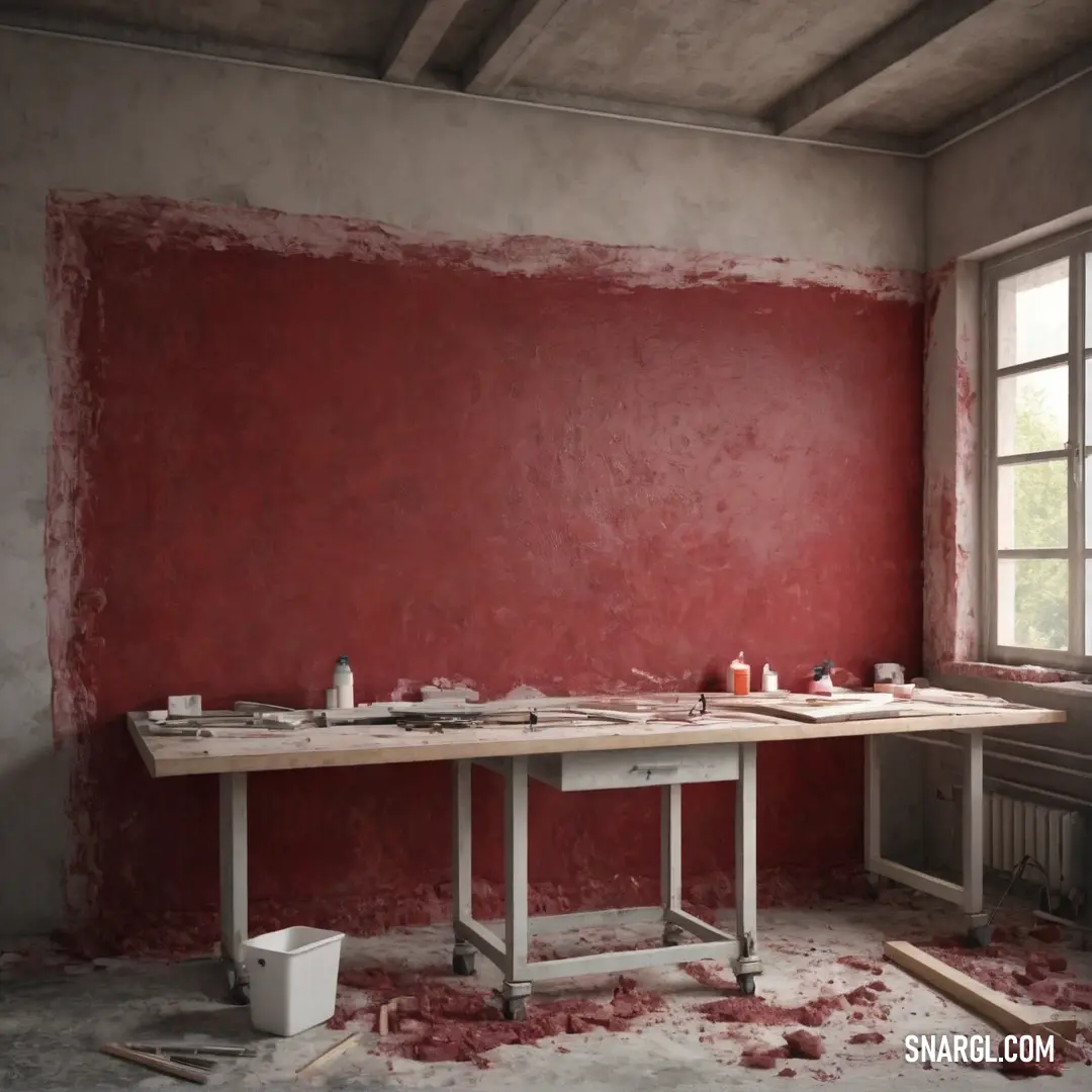 An engaging room featuring a table positioned beneath a window, where the vibrant red walls create a bold backdrop, accompanied by a bucket of paint sitting on the floor, hinting at ongoing creativity and personal touch.