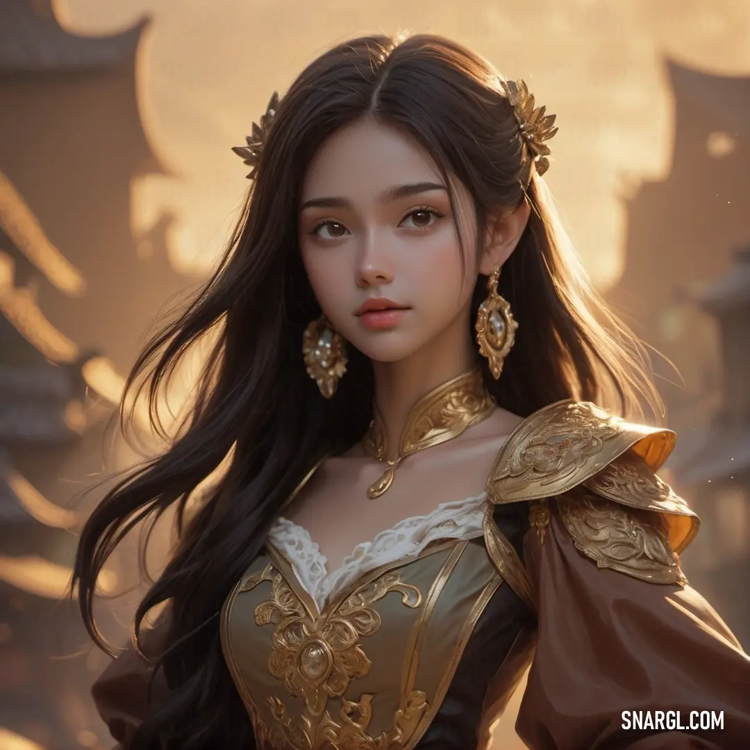 NCS S 3020-Y10R color example: Woman in a golden dress with long hair and earrings on her head