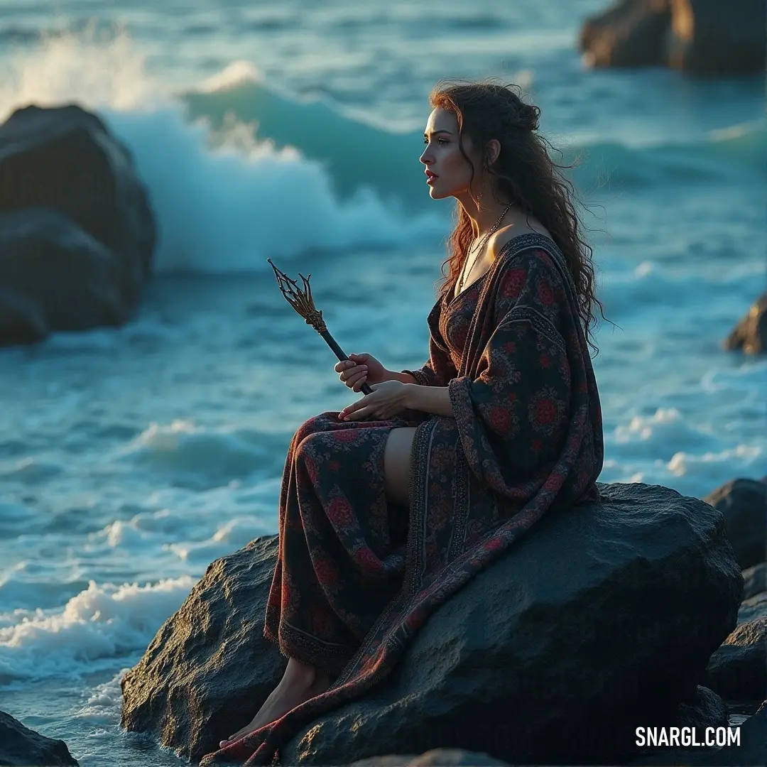 A striking woman stands on a rocky shore, her fiery staff held high as she gazes contemplatively at the vast ocean, the warm colors of sunset reflecting off her exotic appearance and illuminating her spirit.