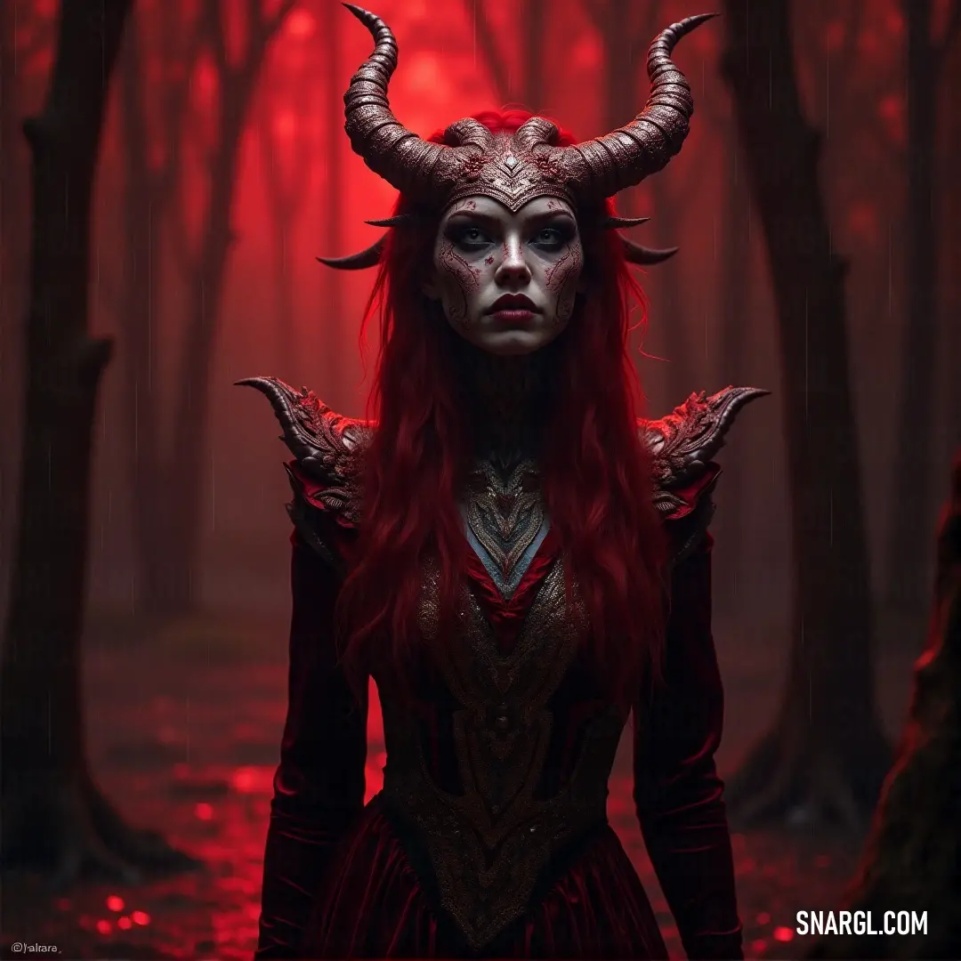 A mystical woman, wearing a vibrant red gown and adorned with horns, stands confidently amidst a forest of glowing red lights and silhouetted trees, creating an enchanting and dramatic ambiance.