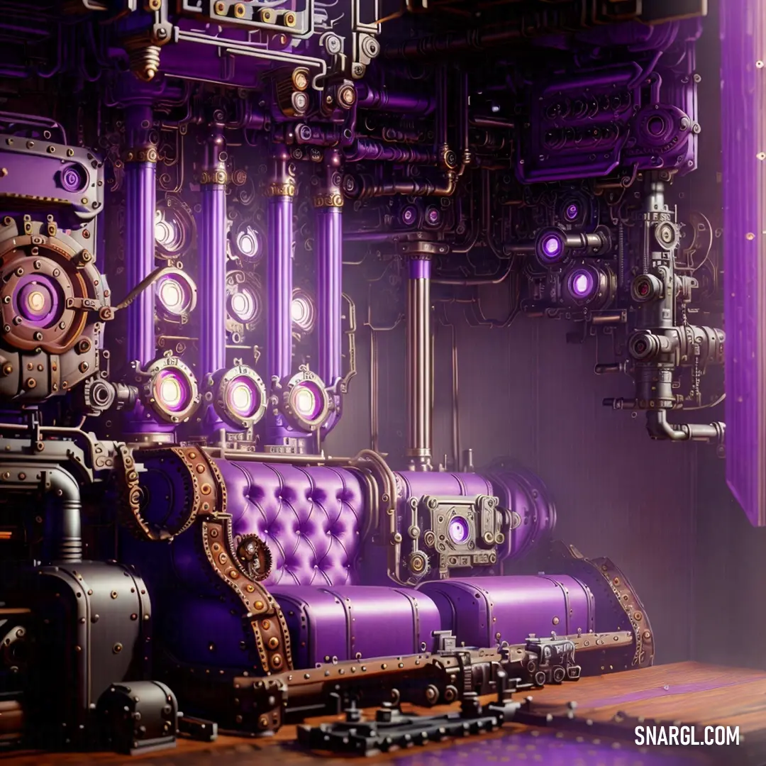 A purple room, with industrial-style pipes running along the walls, is illuminated by warm light. A couch sits in the corner next to a wooden table, giving the room a cozy yet modern vibe. The lighting casts soft shadows, enhancing the ambiance of the spa