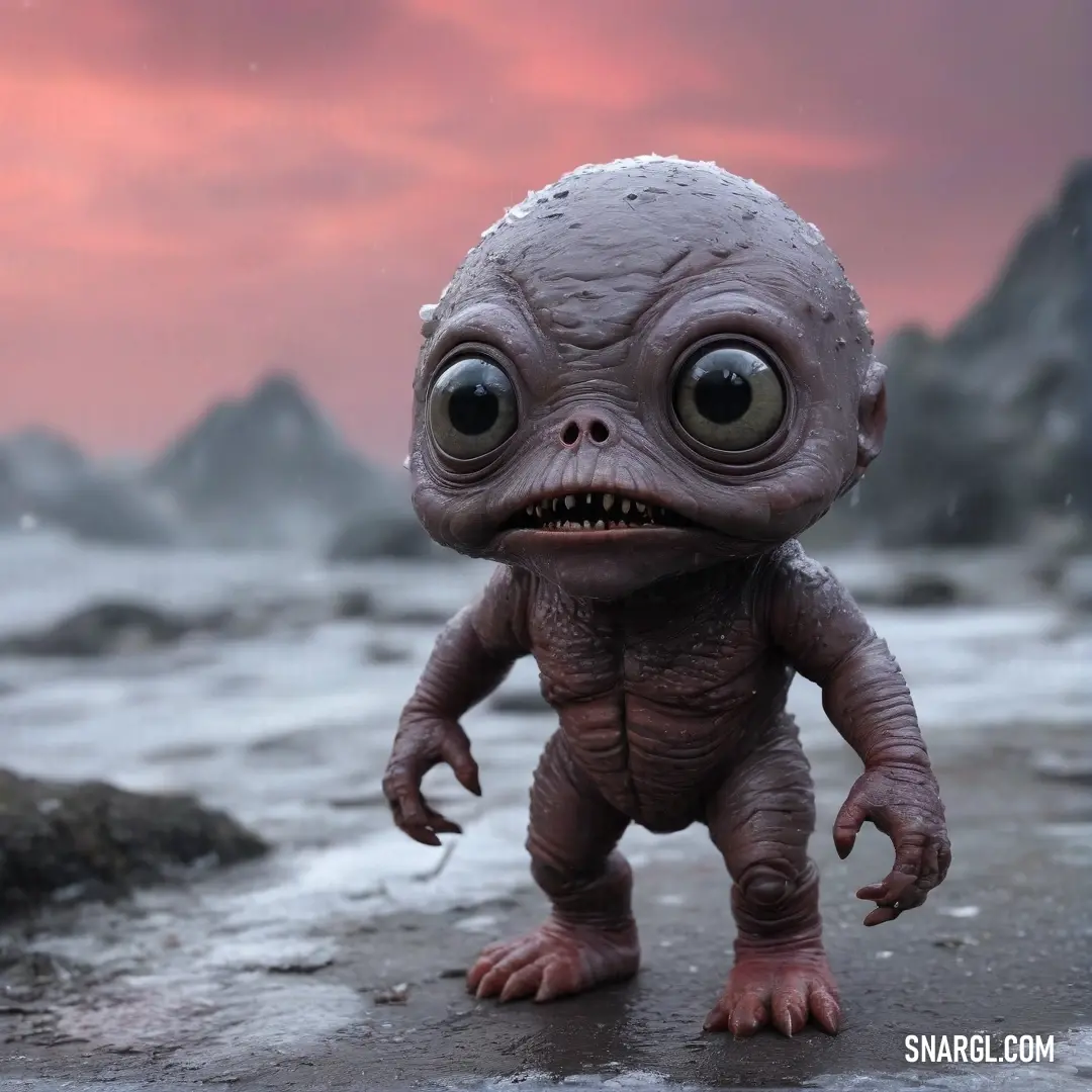 A cute creature with oversized eyes stands peacefully on a beach, framed by a dreamy pink sky, radiating innocence and charm, inviting viewers to a fantastical seaside adventure.