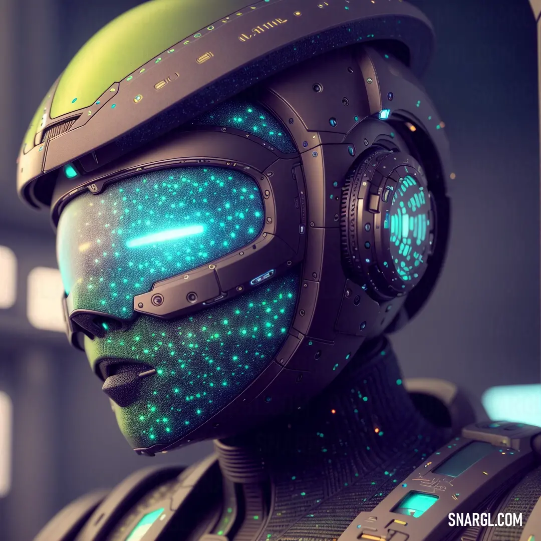 A futuristic man, his face partially illuminated by an eerie green glow, stands confidently with a sleek helmet and high-tech goggles. His bold, modern appearance exudes a sense of adventure and innovation.