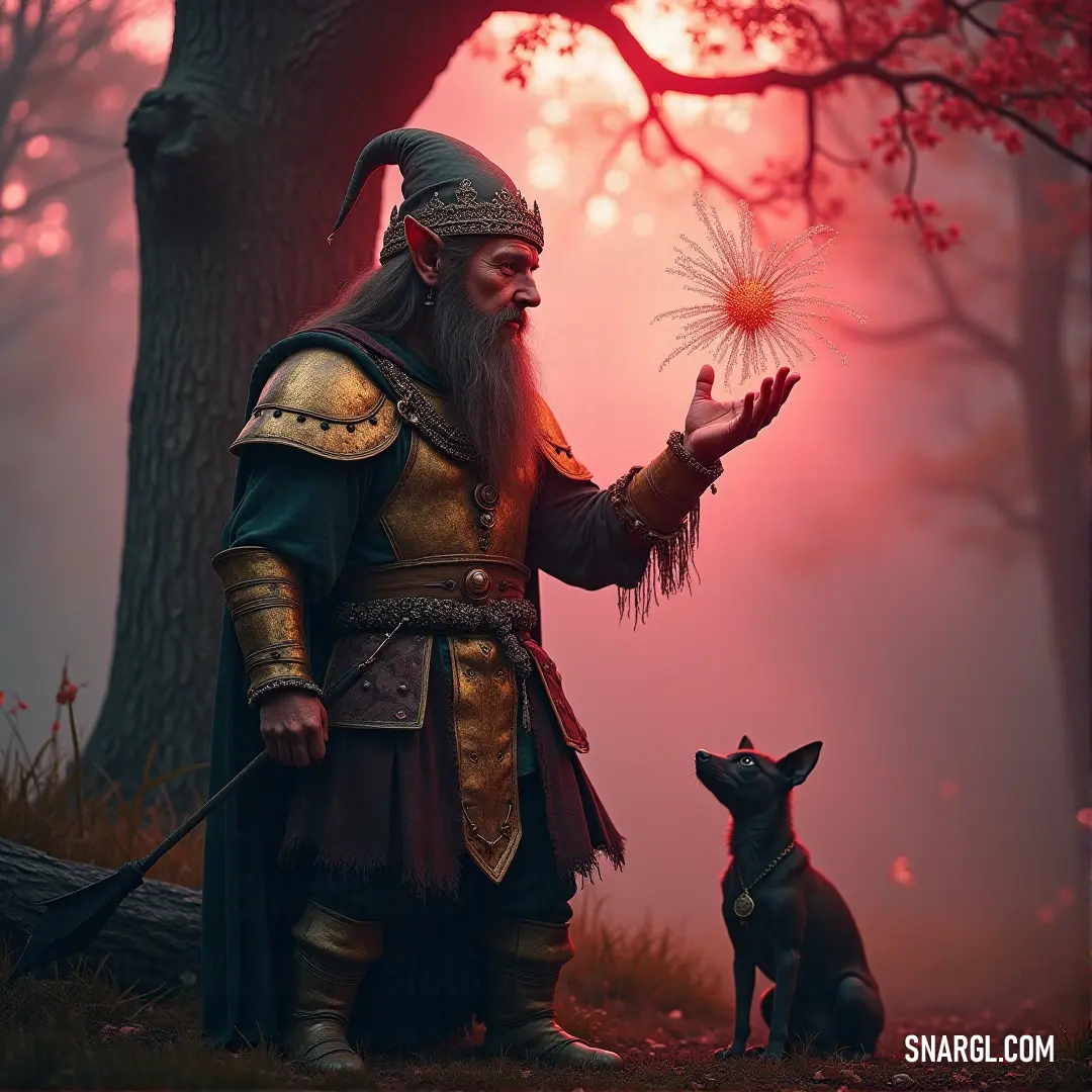 A whimsical man in a costume softly holds a dandelion, his loyal dog by his side, as they wandering through a serene forest at sunset, with the sky ablaze in red hues, portraying a moment of quiet connection and joy in colorful #B59668 tones.