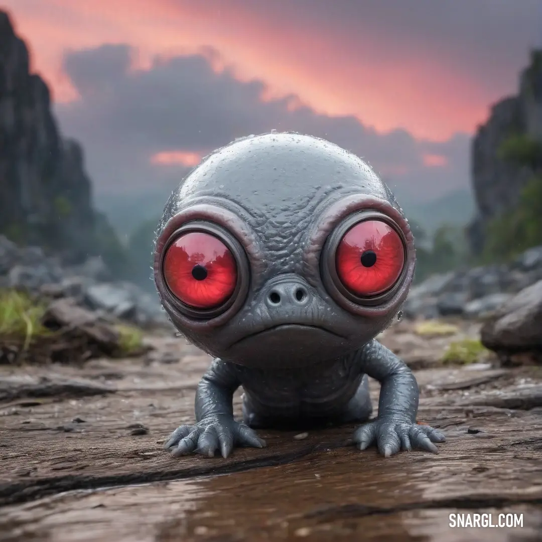 A vivid close-up of a mischievous toy sporting red eyes, resting on a rugged dirt platform surrounded by assorted rocks, hinting at hidden adventures in a natural playground.