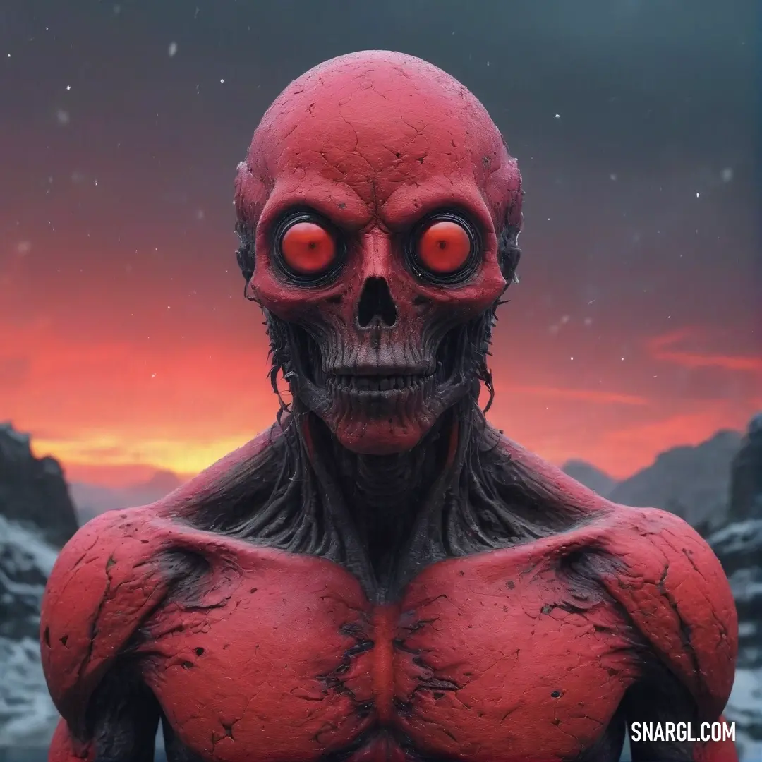 A red-hued alien figure with intense red eyes and a matching body stands solemnly against a stark snowy landscape, surrounded by majestic mountains, evoking a sense of wonder and adventure.