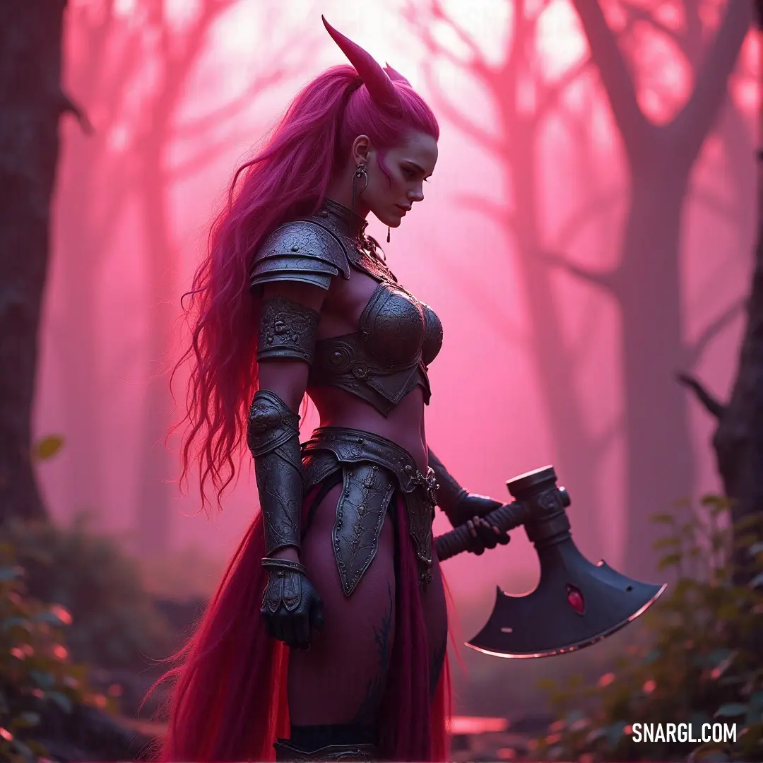 In a misty forest, a fierce woman dressed in a vibrant pink costume brandishes a large axe, her striking presence juxtaposed with the lush greenery and ethereal fog, embodying bravery amidst an enchanting setting characterized by NCS S 3020-Y20R hues.