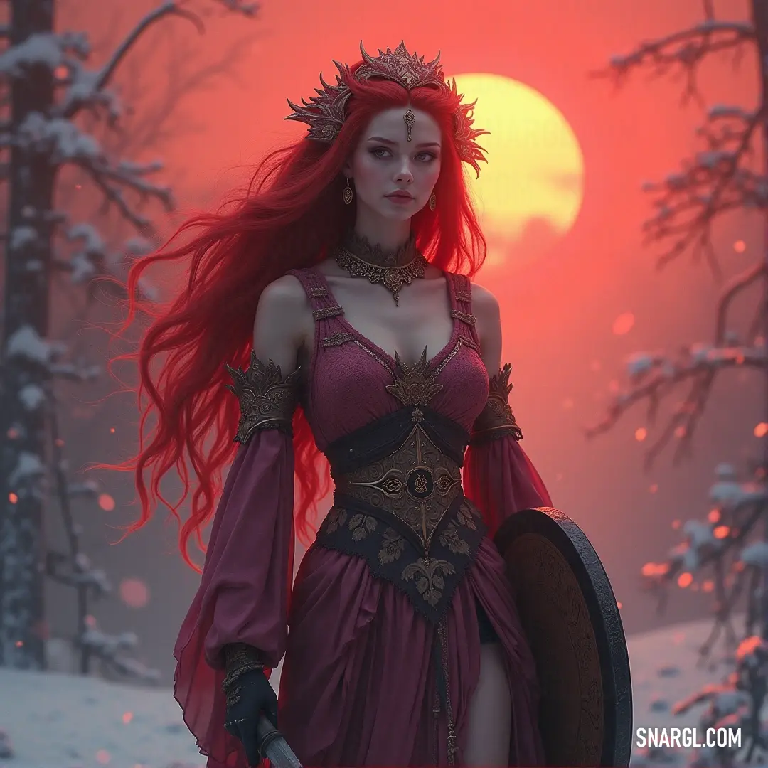 A bold woman in a striking red dress stands firmly in a snowy forest, wielding a sword and shield against the golden backdrop of a sunset, invoking feelings of bravery and determination within the warm shades of #B59668 color.