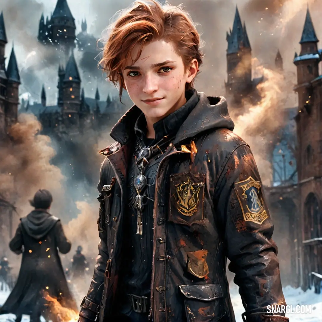 A young woman clad in a stylish leather jacket stands defiantly before a dramatic castle, enshrouded in swirling smoke. The juxtaposition of her fierce demeanor against the mysterious backdrop adds depth to the scene.