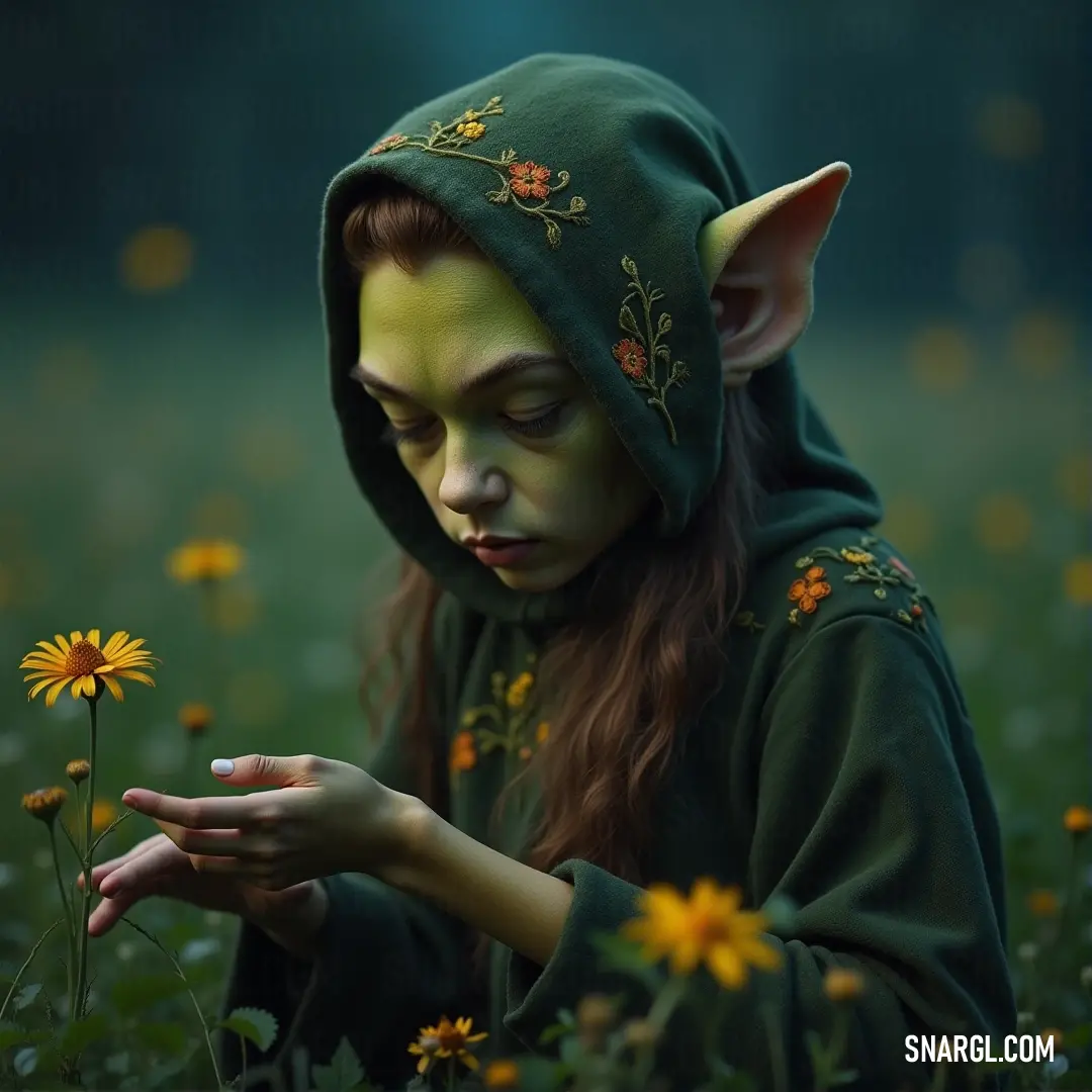 A joyful young girl, adorned in a vibrant green and yellow outfit, gently clasps a delicate flower while gazing directly at the viewer with a warm smile. This charming scene showcases her innocence and wonder against a soft backdrop of color harmony.